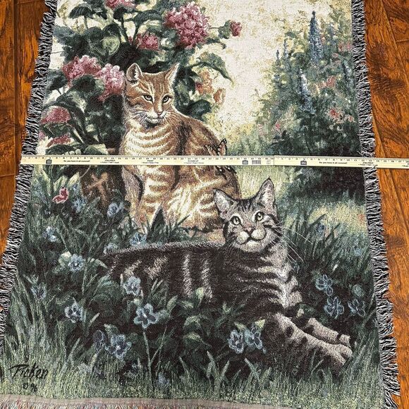 Vintage 1996 Large Cat Kittens Linda Pickens Flowers Tapestry Throw Blanket - Picture 3 of 5
